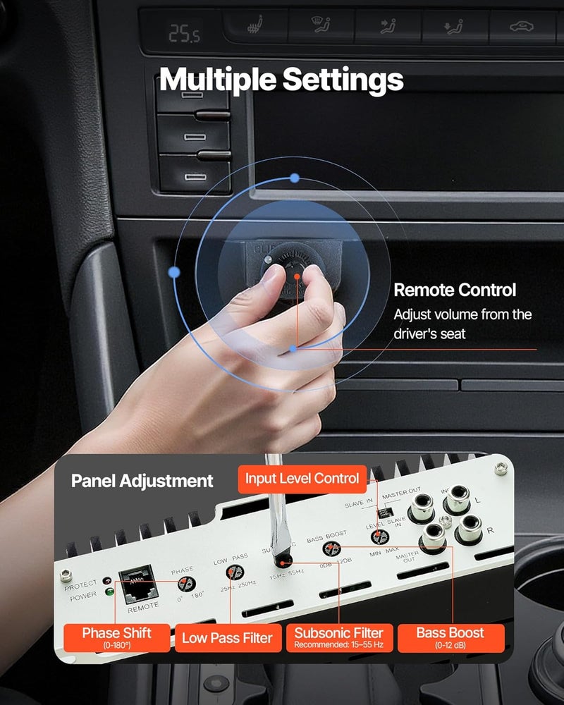 VEVOR 1200W RMS Class D Monoblock Amp, 1/2/4 Ohm Stable with Remote Subwoofer Level Control, Bass Boost & Phase Shift - Mono Car Amplifier for Subwoofer - Image 4